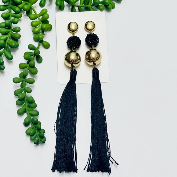 Tassel Statement Earrings Black Gold Duster Fashion Jewelry 7" Drop Fashion - Picture 1 of 5